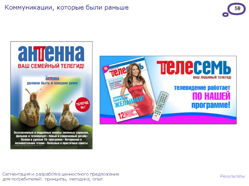 58 Сегментация и разработка ценностного предложение для потребителей: принципы, методика, опыт. Результаты Коммуникации, которые